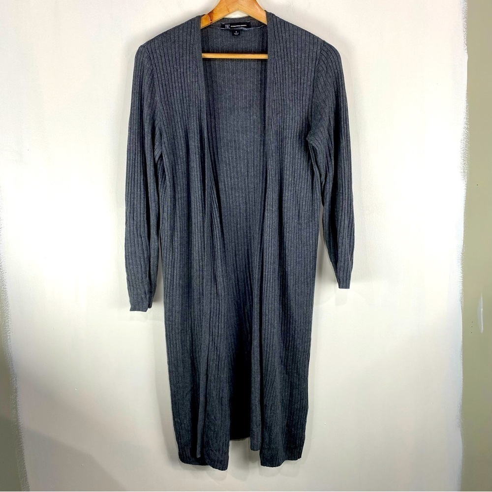 INC Ribbed‎ Slit Longline Long Sleeve Duster Sweater Cardigan Gray Size Small